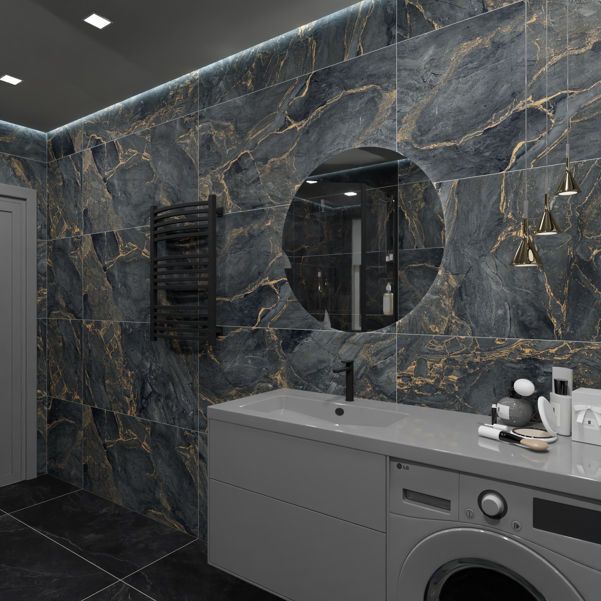 Дизайн-проект ванной комнаты в роскошном черном Дизайн-проект ванной комнаты в роскошном черном