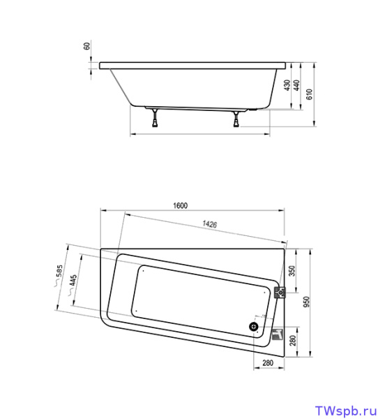 Ванна акрил Ravak 10° 160x95 R (правая)+опора+панель+крепление Ванна акрил Ravak 10° 160x95 R (правая)+опора+панель+крепление