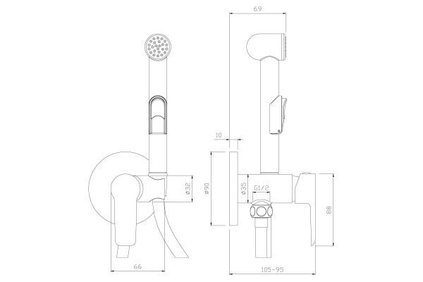 Смеситель одноручный W25-51 (25 мм) с гигиеническим душем, встраиваемый, хром/бел